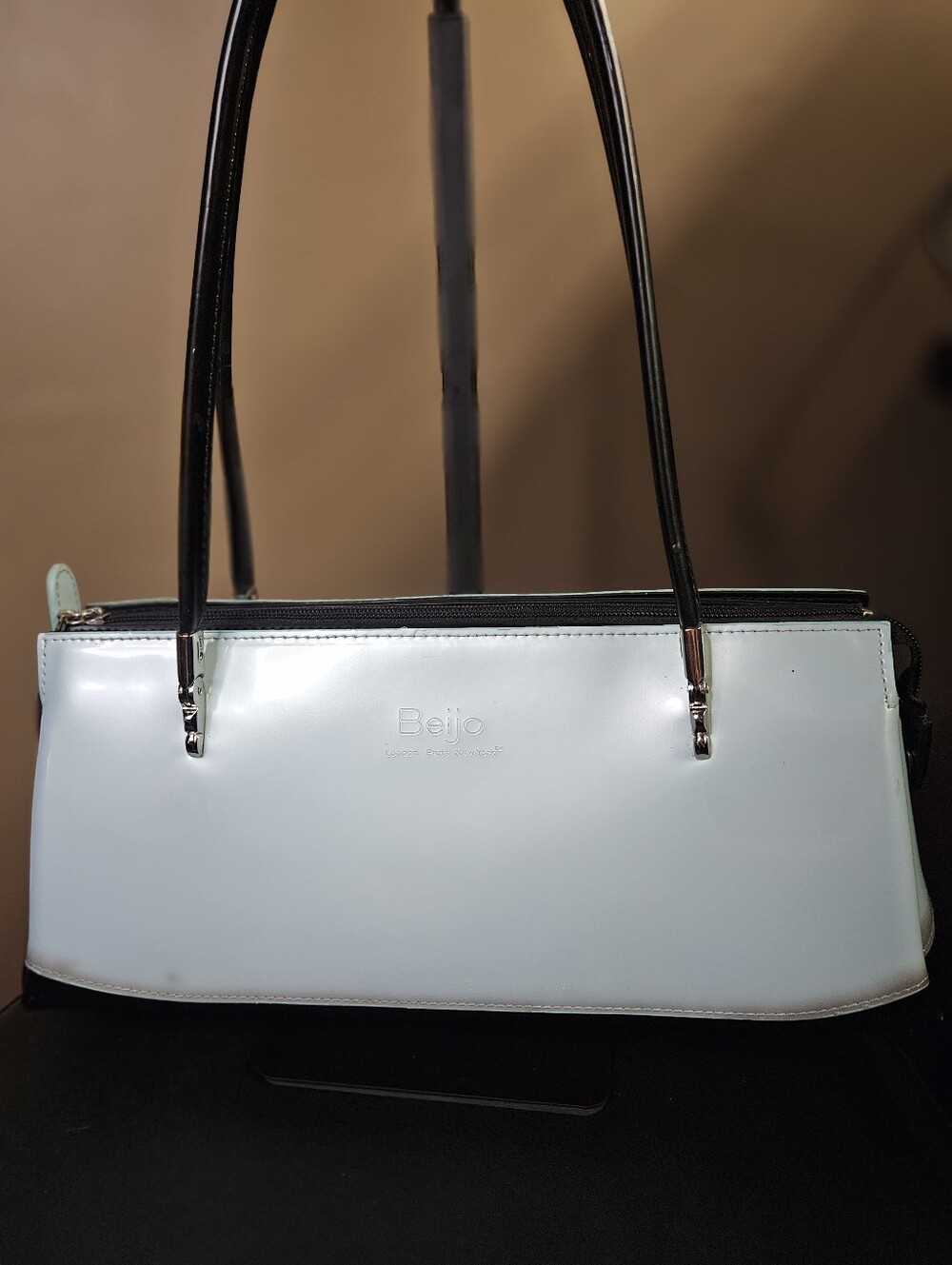 Beijo Pale Blue Patent Leather Shoulder Bag with Black Handles